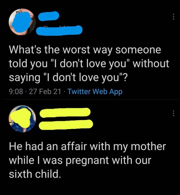 Twitter post text detailing a partner having an affair with a mother during a sixth pregnancy.