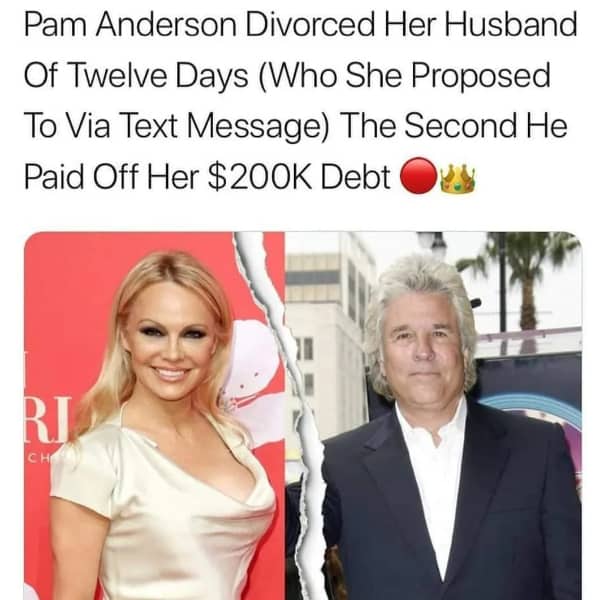 Split image reporting celebrity divorce after twelve days and a massive financial debt payoff.