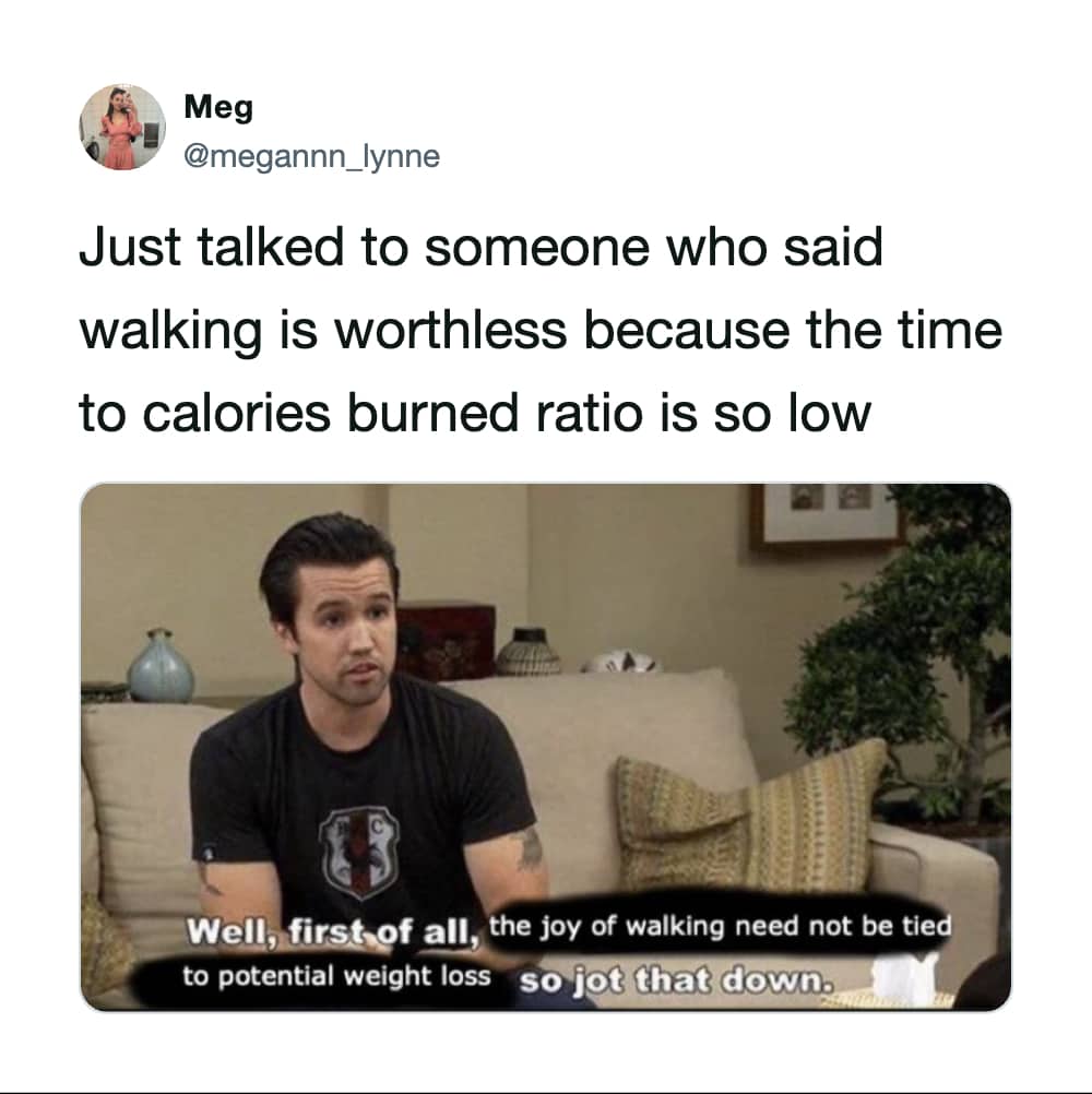 Pop culture meme image using an Always Sunny screenshot to defend the joy of walking.