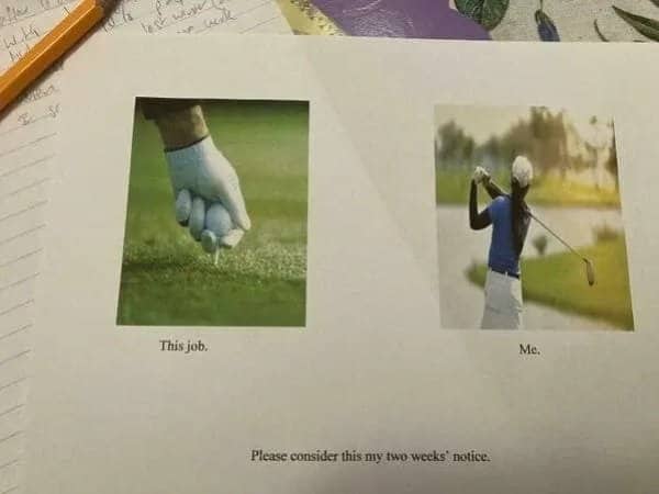 Printout showing golf imagery used as a custom, humorous formal resignation letter.