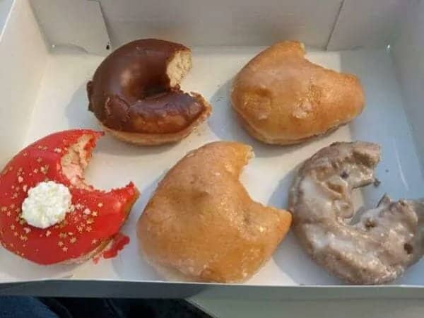 Box of donuts where a single bite has been taken out of each one.