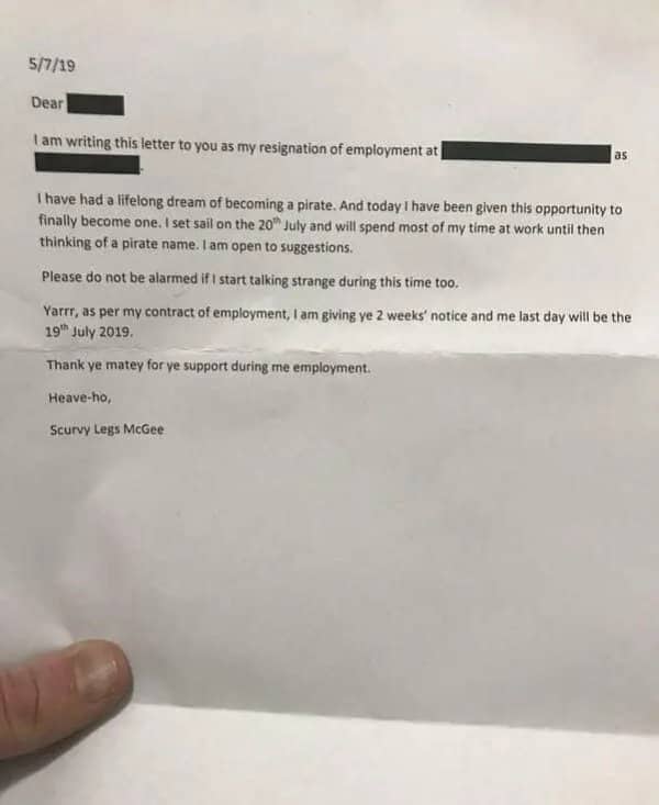 Official typed resignation letter claiming the employee is leaving to become a pirate.