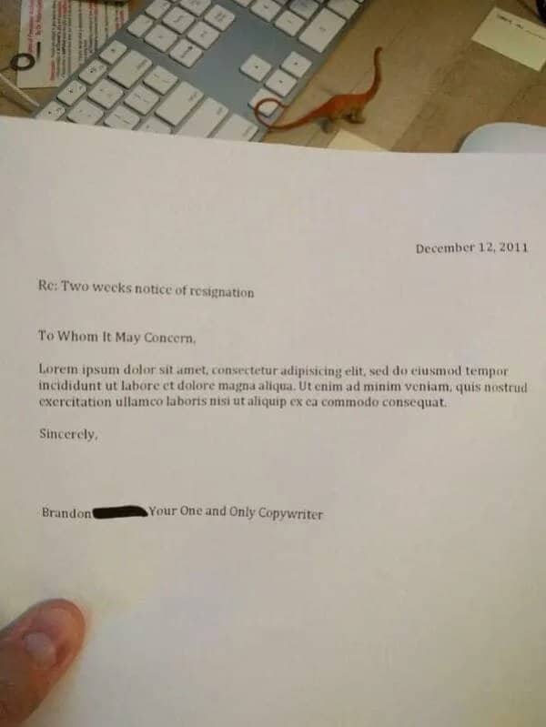 Formal resignation letter filled entirely with standard Latin placeholder text by a copywriter.