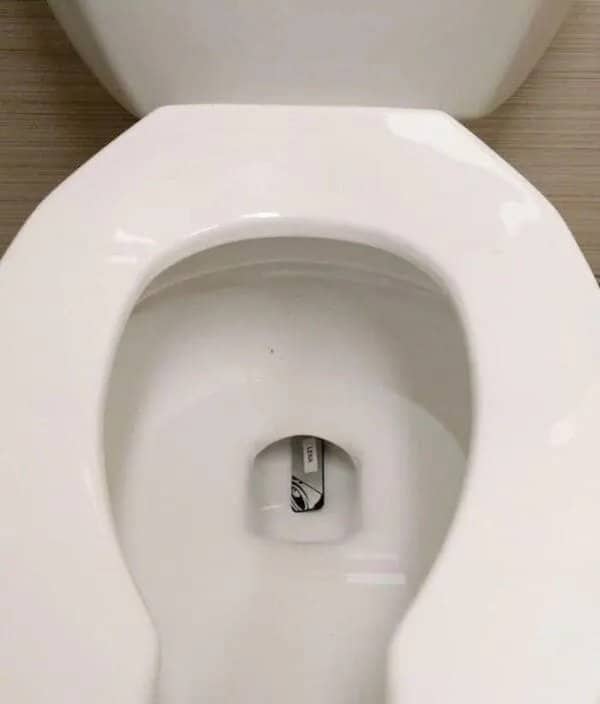 Corporate electronic ID badge thrown directly down into the bottom of a toilet bowl.