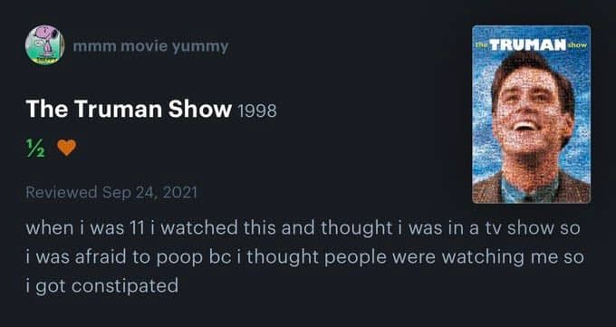 Letterboxd review for The Truman Show detailing childhood bathroom paranoia caused by the movie.