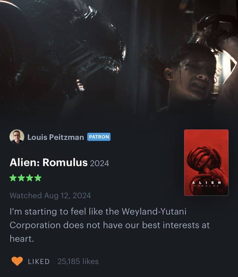 Letterboxd review for Alien Romulus sarcastically questioning the Weyland-Yutani Corporation.