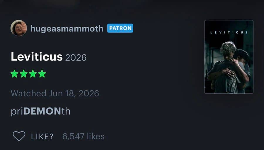 Letterboxd review for Leviticus featuring a stylised text joke about pride month.