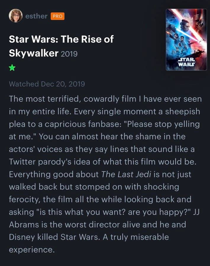 Long analytical Letterboxd review tearing apart Star Wars The Rise of Skywalker.