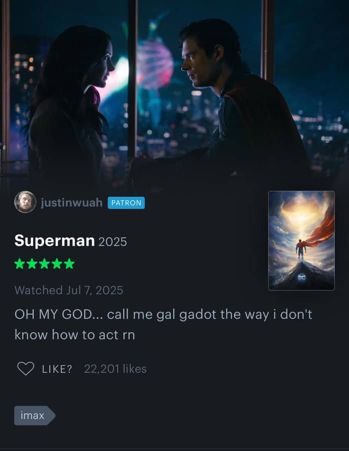 Letterboxd review for Superman 2025 making a joke about Gal Gadot's acting.
