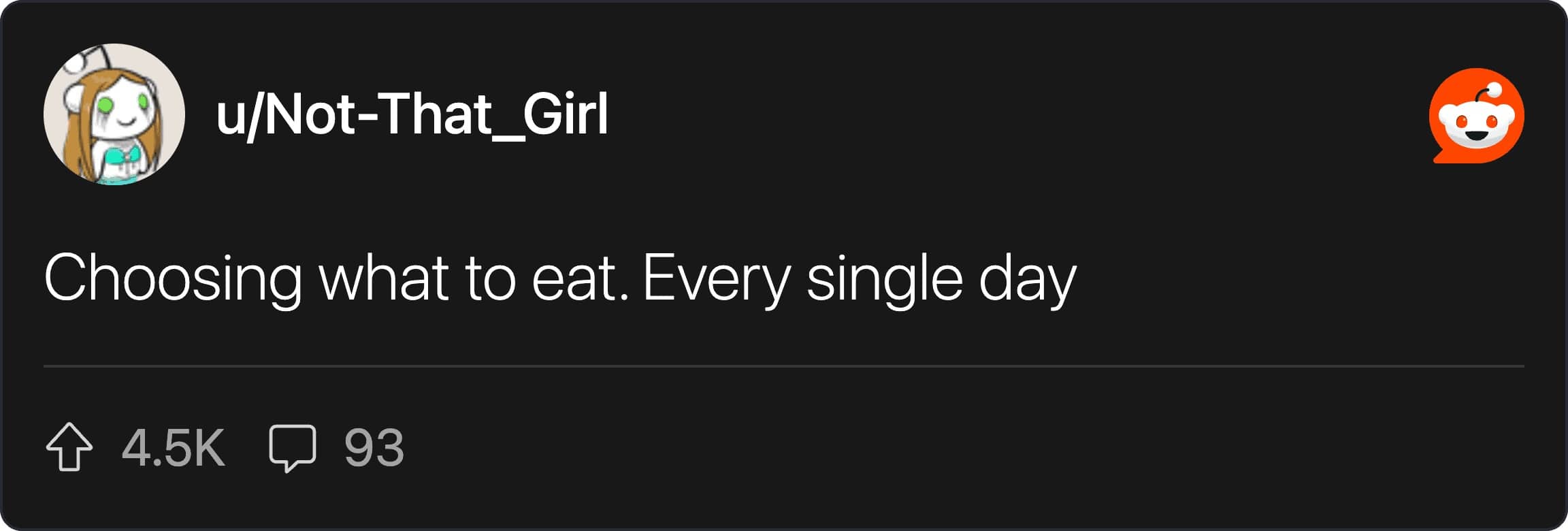 A relatable Reddit text post about the daily struggle of deciding what to eat.