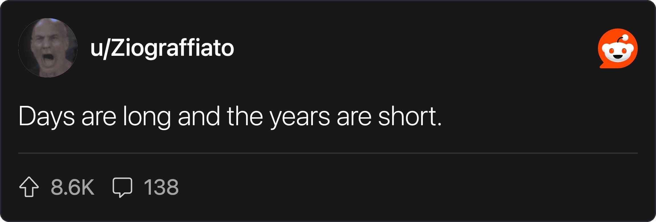 A philosophic Reddit comment reflecting on how days feel long but the years fly by.