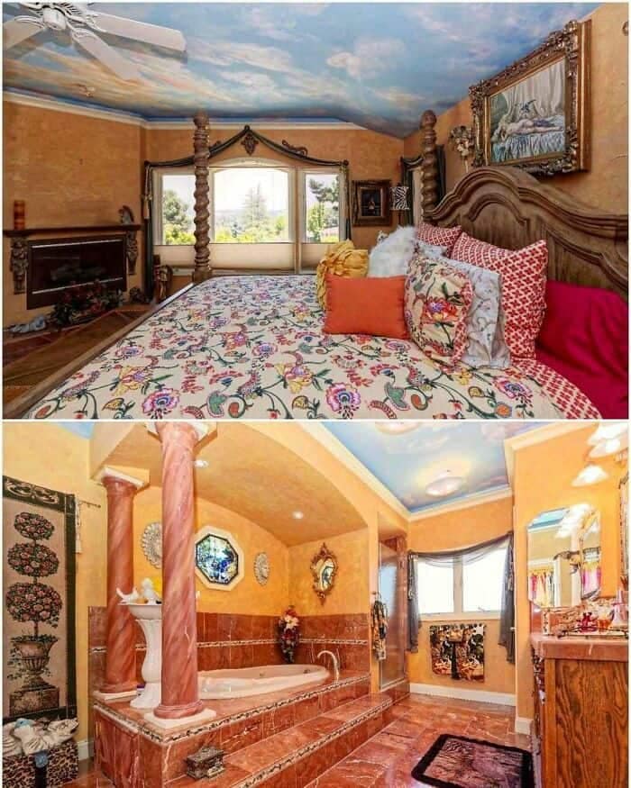 Two panels showing an over-the-top, gaudy Mediterranean revival style bedroom and bathroom with ornate pillars, bright orange paint, and a sky mural ceiling in an example of weird home decor.