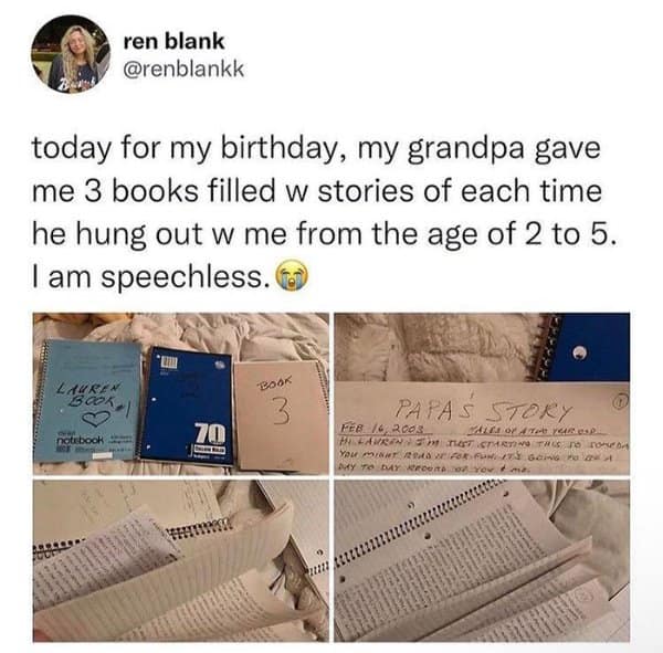 heartwarming screenshot of a wholesome meme tweet by user ren blank showing three spiral notebooks filled with handwritten stories a grandfather meticulously documented about his granddaughter from when she was 2 to 5 years old.