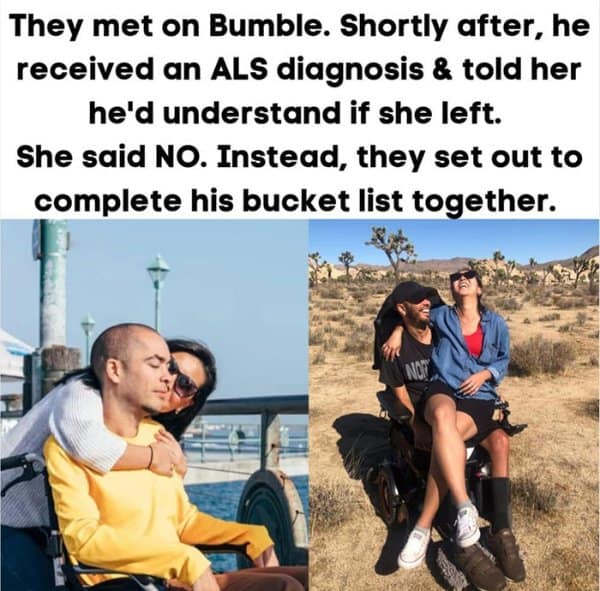 A split-screen relationship overview working as a wholesome meme, detailing a couple's journey through an unexpected ALS diagnosis with a photo of a woman hugging her partner, alongside a joyful shot of her riding on his lap in his motorized wheelchair through a desert valley.
