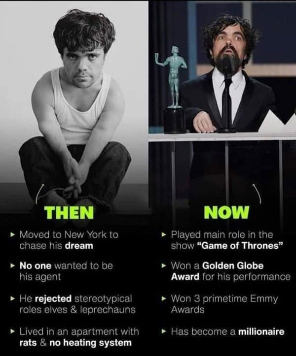 infographic arranged as a wholesome meme, pairing a vintage black-and-white photo of a young Peter Dinklage struggling to find non-stereotypical roles in New York with a triumphant color photo of him holding a SAG Award.