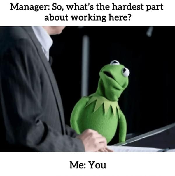 A blunt professional review work meme displays Kermit the Frog delivering a completely unbothered, direct gaze at an interviewer over a paper podium to answer a manager's question about the hardest part of the job with a deadpan, "You."