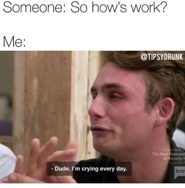 A corporate burnout work meme highlights a reality television screenshot of an intensely weeping James Kennedy from Vanderpump Rules answering a casual "So how's work?" question with the devastating confession, "Dude, I'm crying every day."