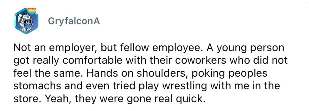 A worst employee stories confession shared by user GryfalconA about a highly inappropriate young hire who immediately bypassed professional boundaries by play-wrestling and poking coworkers in the stomach.