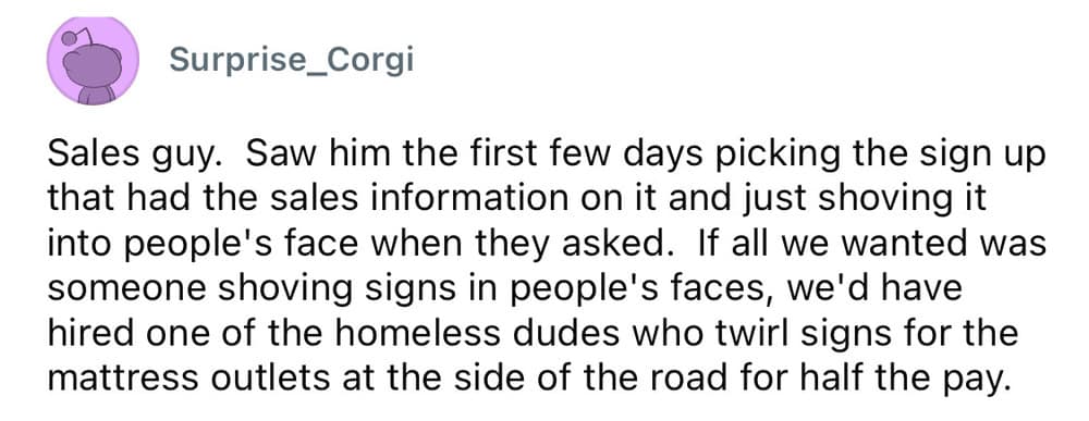 A worst employee stories brief from user Surprise_Corgi summarizing a lazy sales representative who refused to pitch products or answer customer questions, choosing instead to aggressively shove informational pamphlets directly into people's faces.