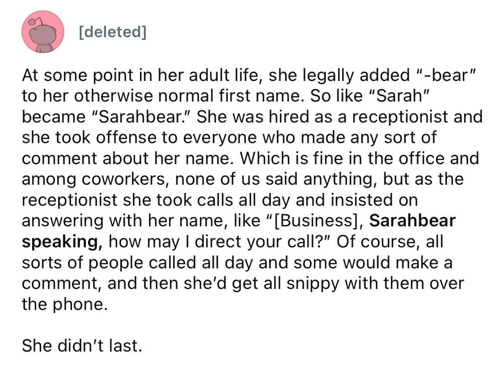 A worst employee stories image share regarding a receptionist who legally changed her name to "Sarahbear" and insisted on using it during professional phone greetings, only to get aggressively snippy with external clients whenever they asked about it.