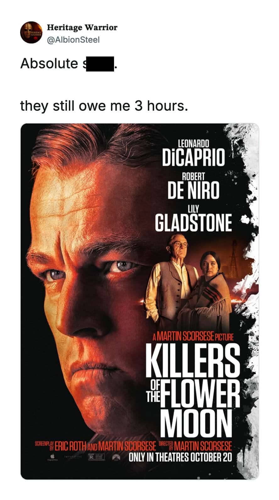 Post reviewing the movie poster of Killers of the Flower Moon calling it absolute garbage.