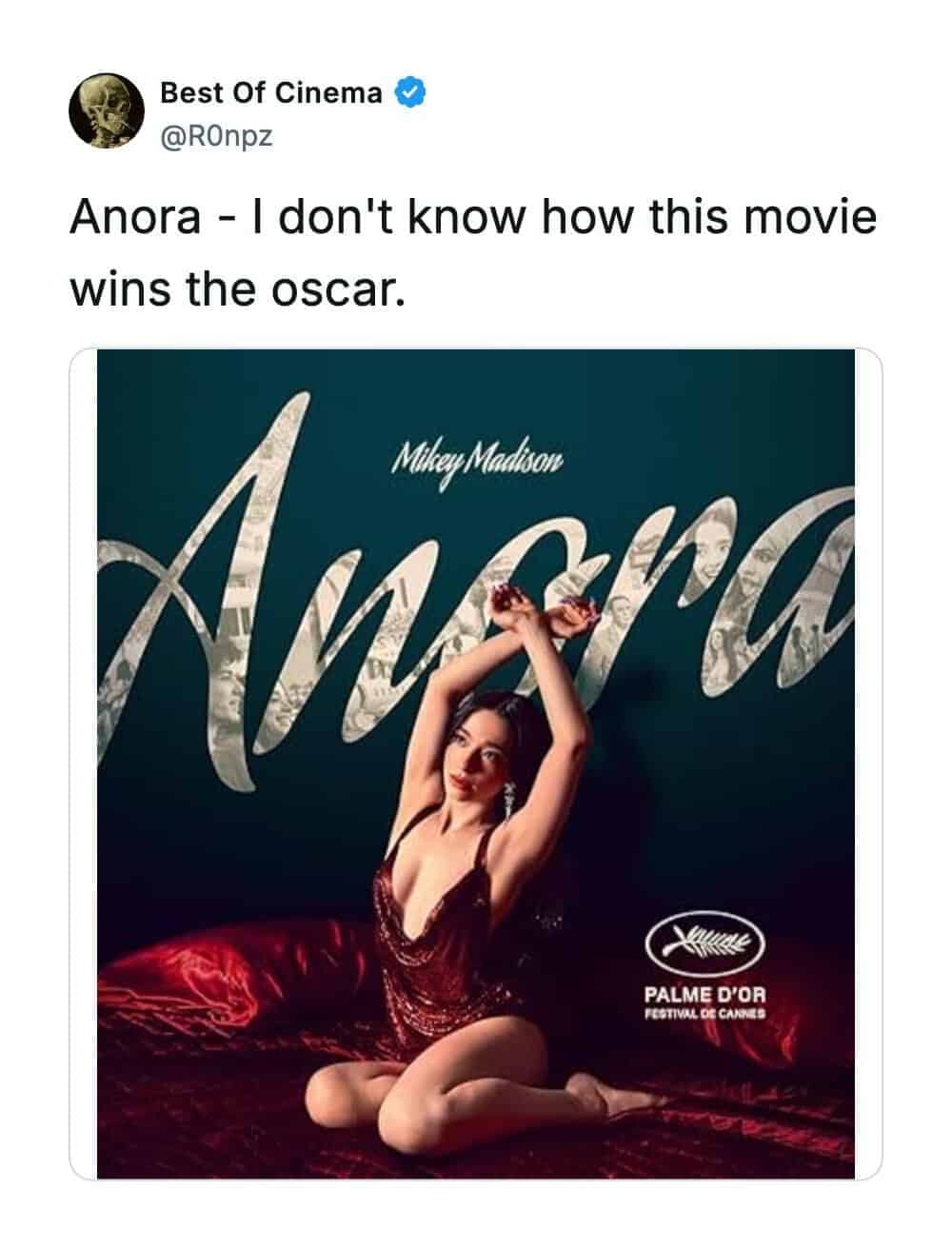 Social media review questioning how the movie Anora could win an academy award.