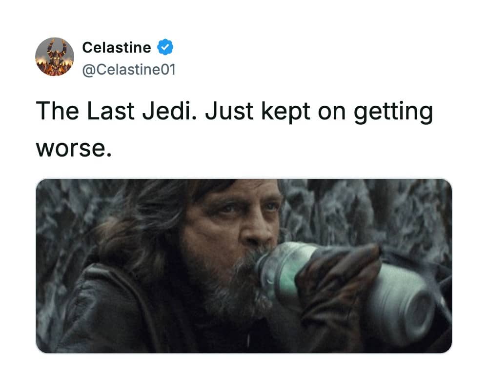Twitter review of Star Wars The Last Jedi showing Luke Skywalker drinking green milk.