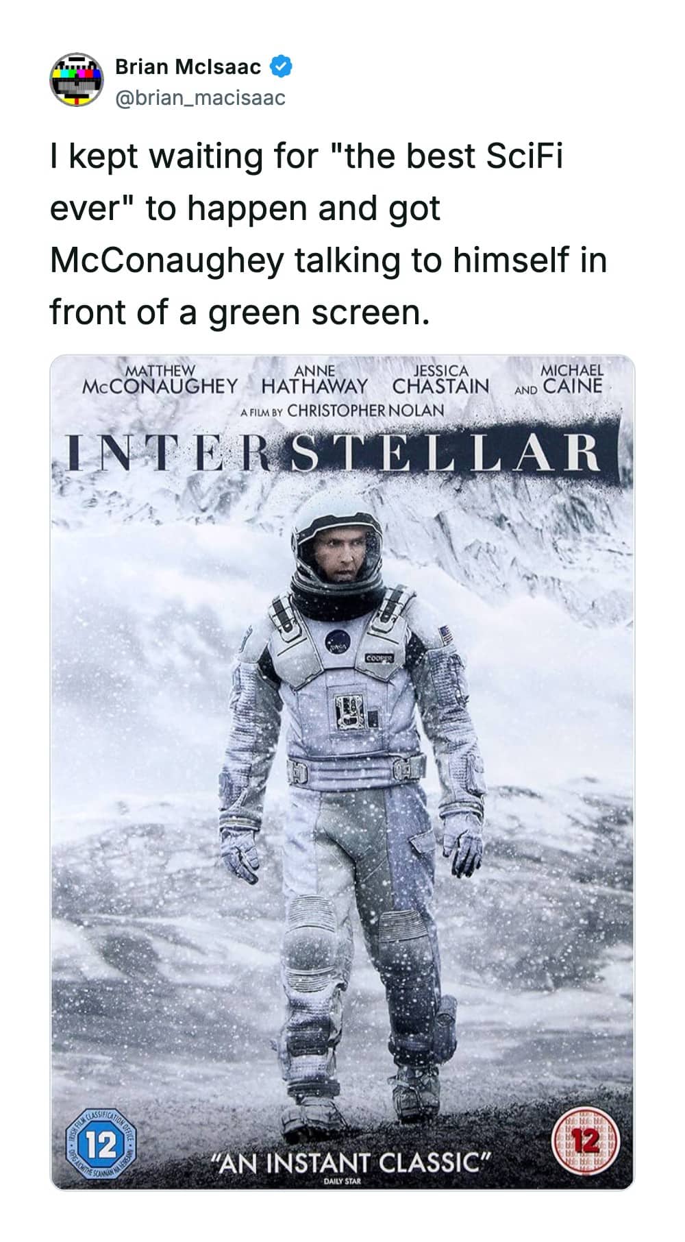 Review of the movie Interstellar featuring Matthew McConaughey standing in an astronaut spacesuit.