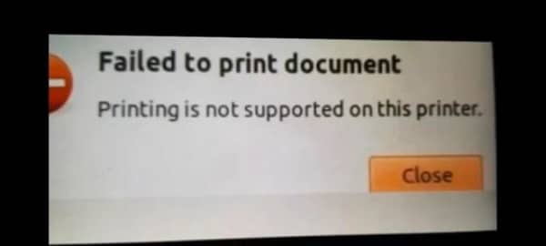 A system computer error pop up window stating printing is not supported on this printer.