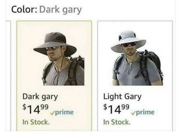 An online retail listing showing a sun hat option typo labeled as dark gary and light gary.
