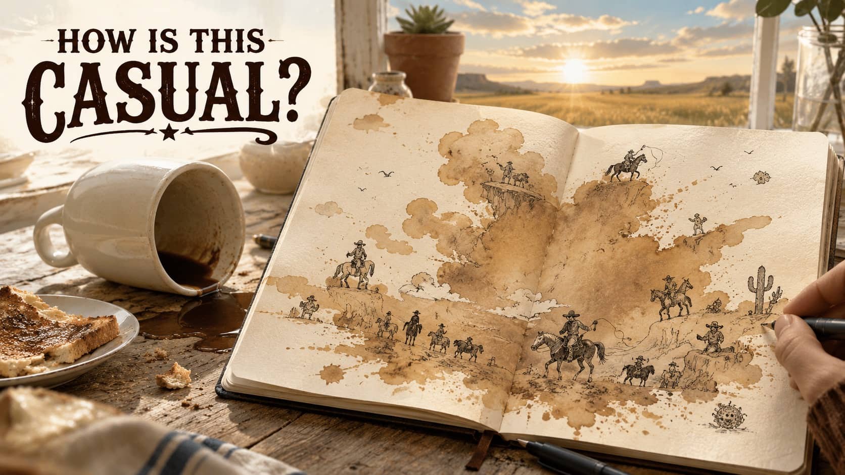 Masterful cowboy landscape sketch detailed with spilled coffee stains on open sketchbook pages.