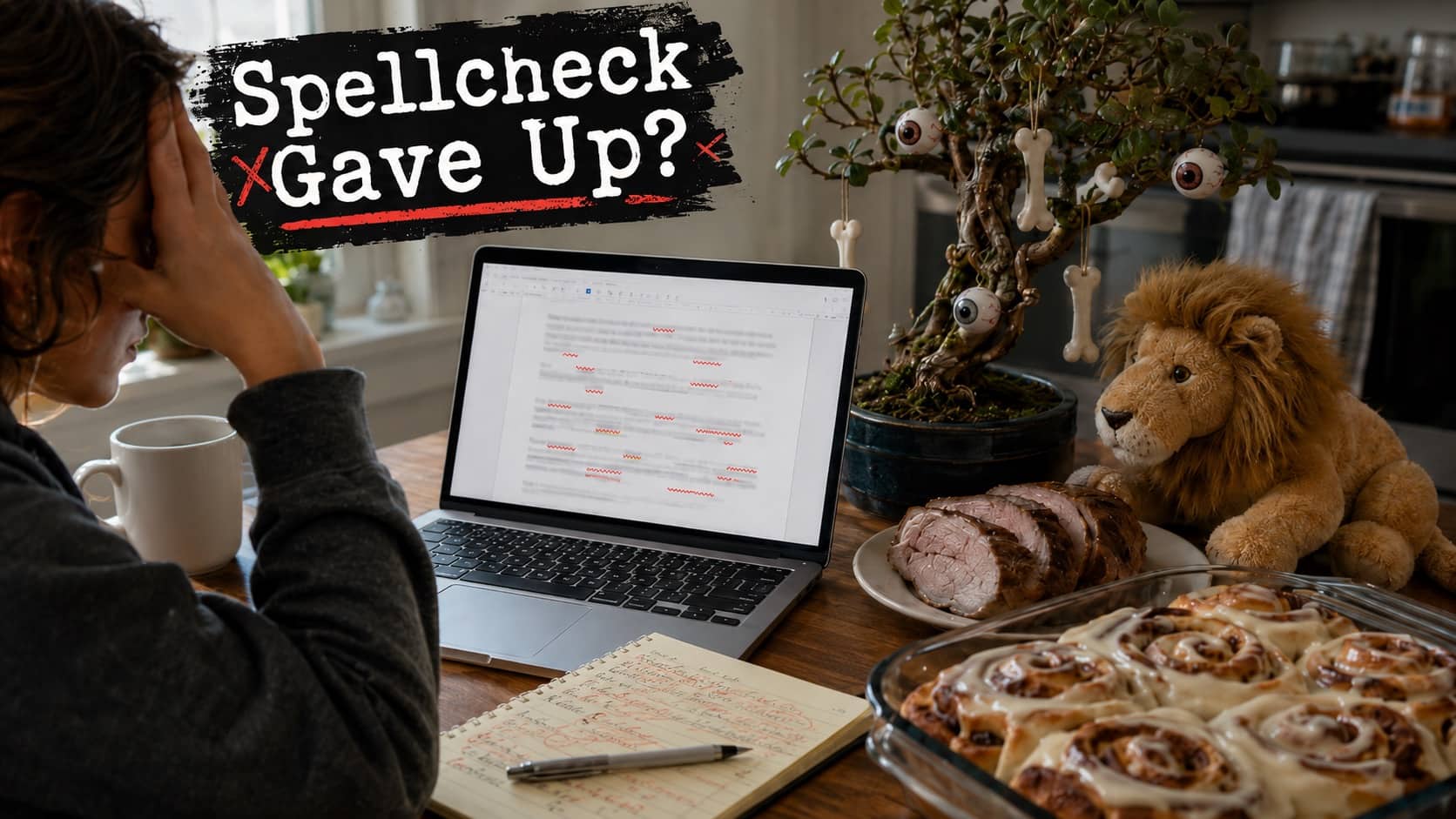 Woman holding head in frustration looking at laptop screen full of red spellcheck lines.