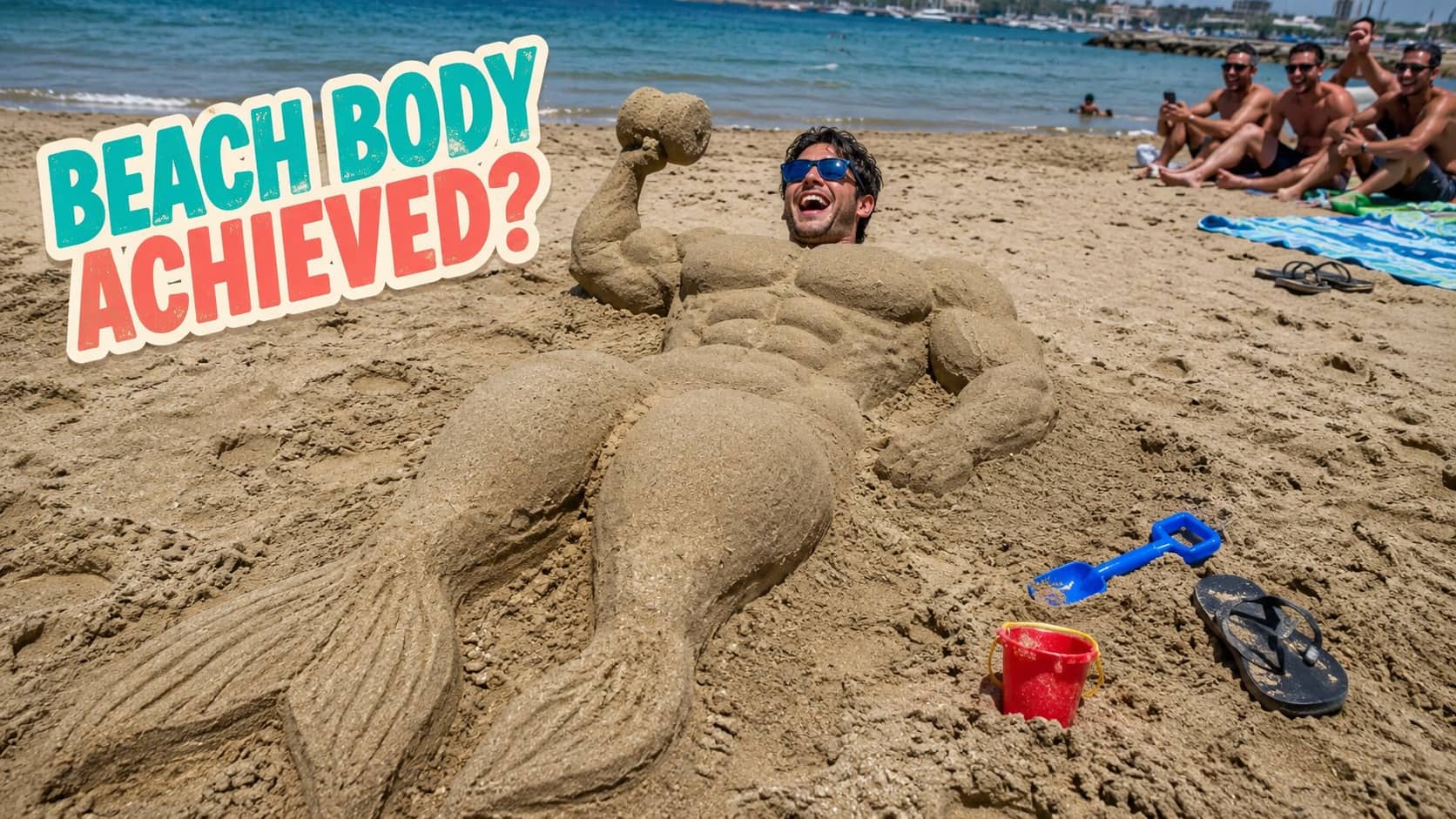 Man lying on beach with a muscular merman sand sculpture and text Beach Body Achieved.