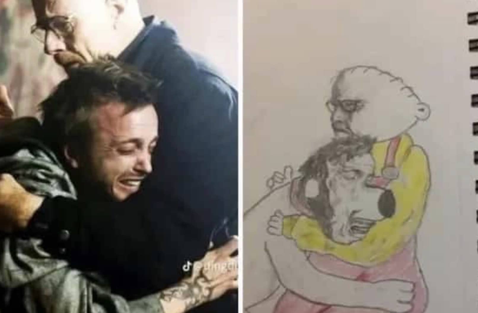 Funny memes side by side comparing Breaking Bad hug to Stewie and Brian Family Guy drawing.
