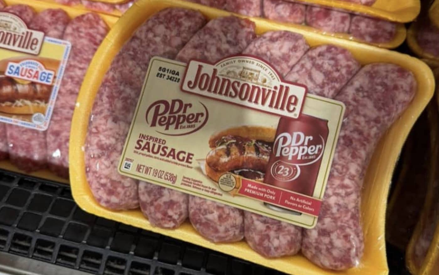 Dr. Pepper flavored Johnsonville pork sausage package on a display shelf funny memes.