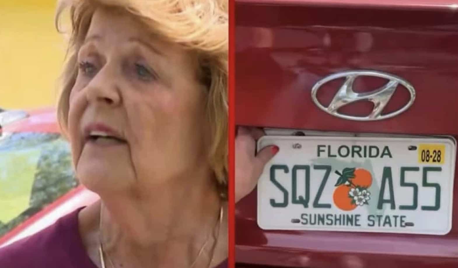 Senior woman looking concerned next to a funny Florida license plate reading SQZ A55.