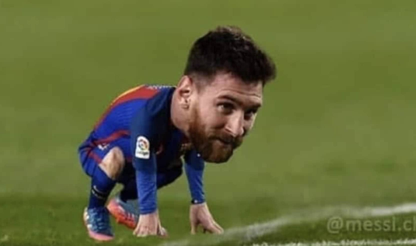 Funny Lionel Messi meme photoshop featuring his giant head on a tiny crouching body.