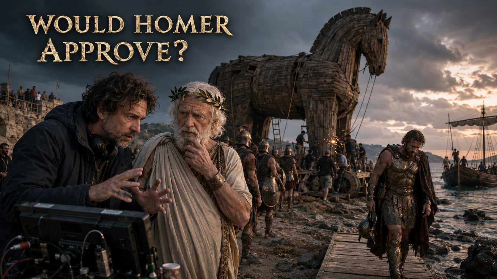 Film director discussing scene details with Homer near Trojan horse in odyssey memes photo.