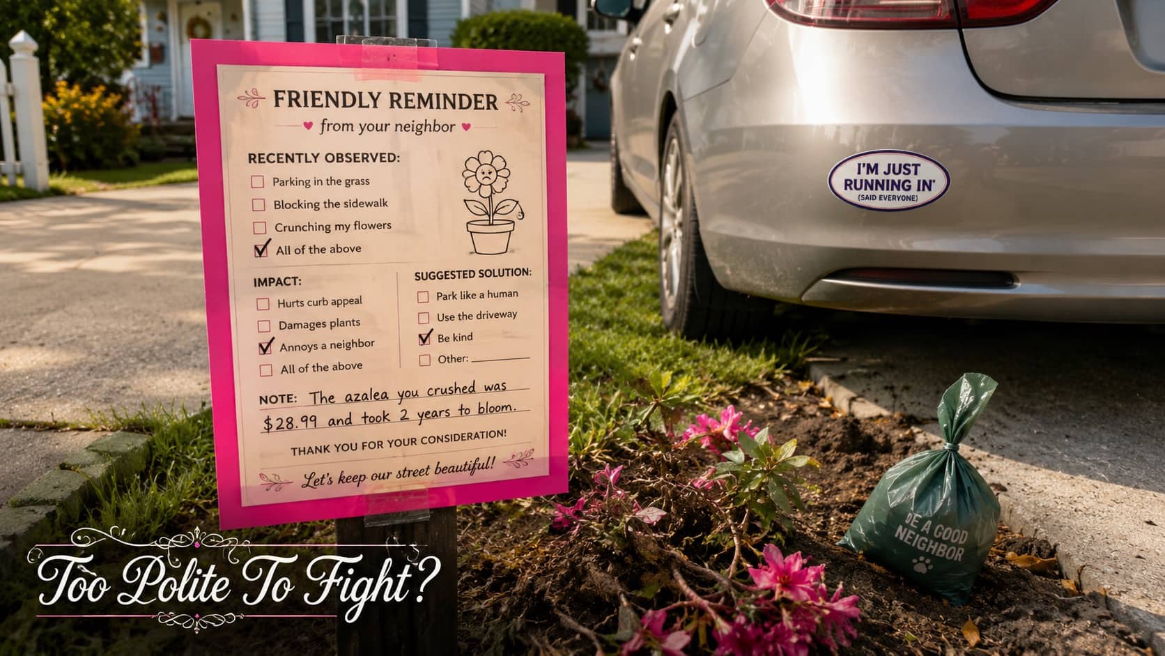 Passive aggressive neighbor sign next to crushed flowers and a car bumper sticker.