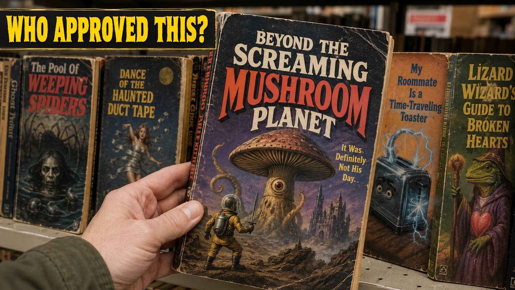 Hand holding a vintage pulp sci-fi novel titled Beyond the Screaming Mushroom Planet.