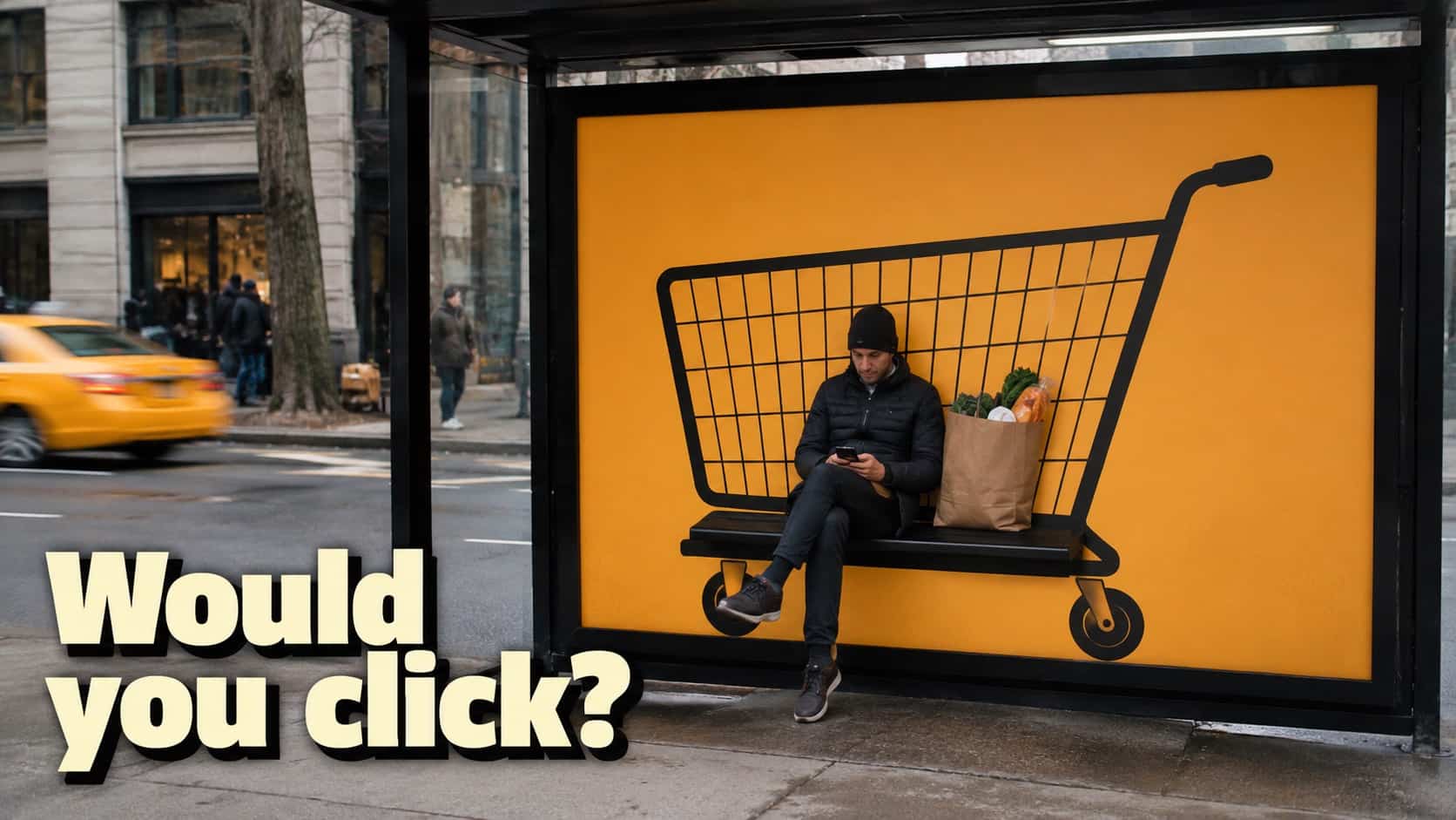 Man sitting inside shopping cart advertisement bench at bus stop representing creative ads.