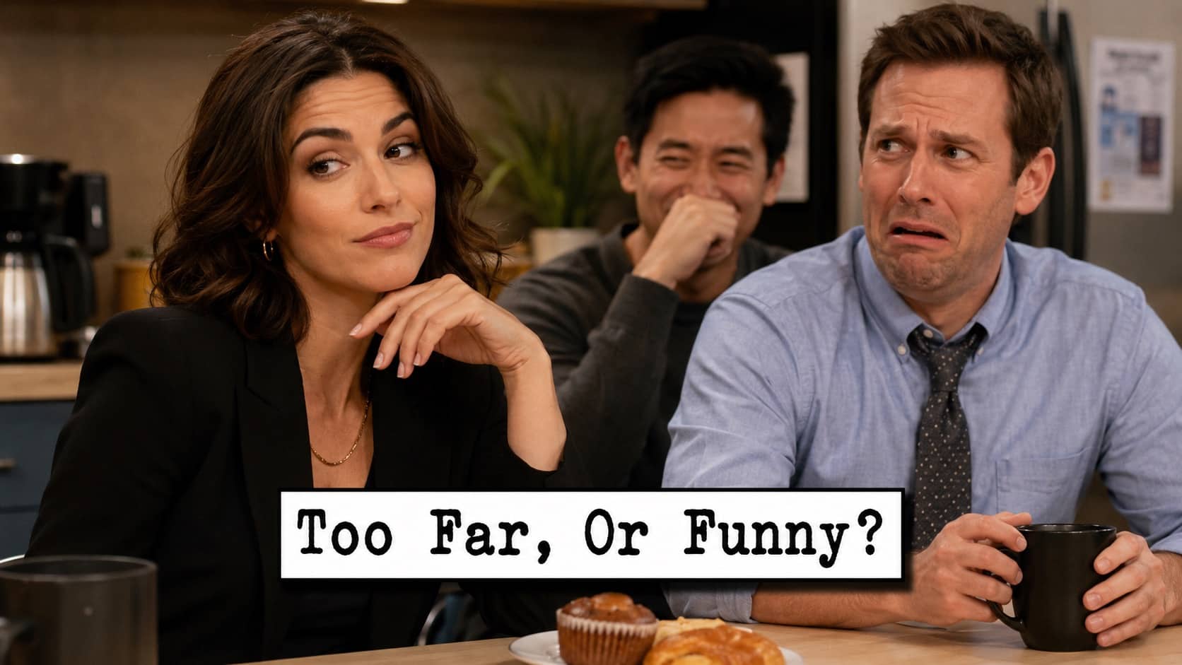 Three coworkers sitting at a table reacting with mixed, funny expressions to a comment.