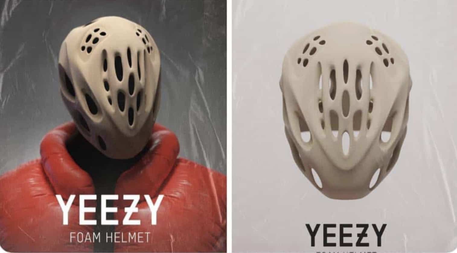 Futuristic Yeezy foam helmet design mockup showing side-by-side front views worn with red jacket.