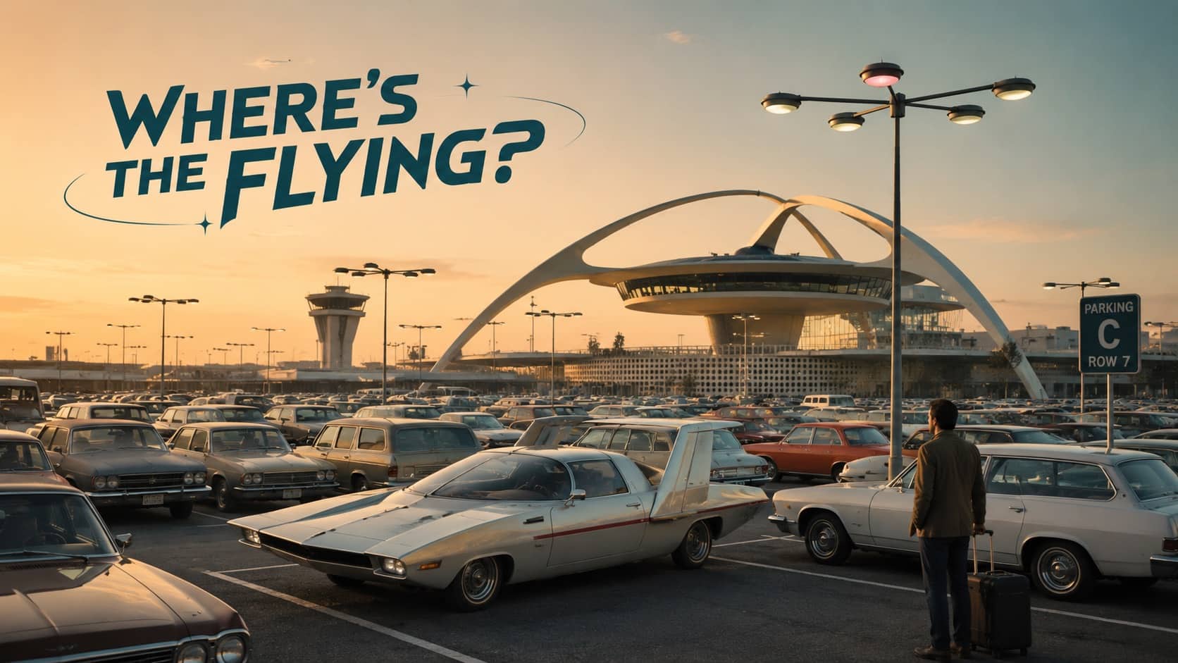 Retro futuristic sports car parked in airport lot beneath iconic mid-century modern Theme Building.