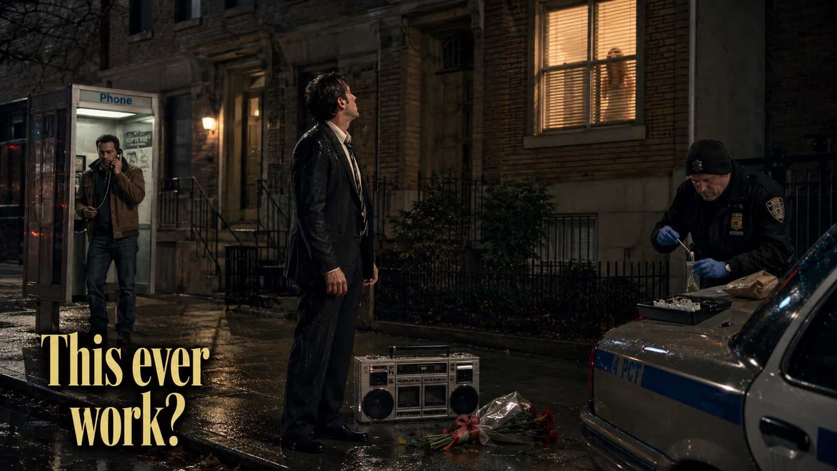 Man holds a boombox in the rain outside an apartment building with red roses.