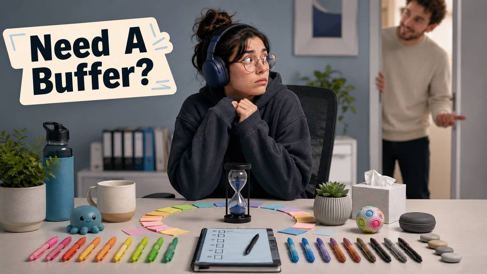 Woman with headphones at desk surrounded by color-coded stationery under text Need A Buffer.