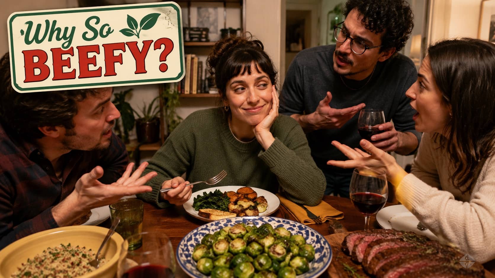 A woman smugly enjoys her vegetables at dinner during an argument, inspiring relatable vegan memes.