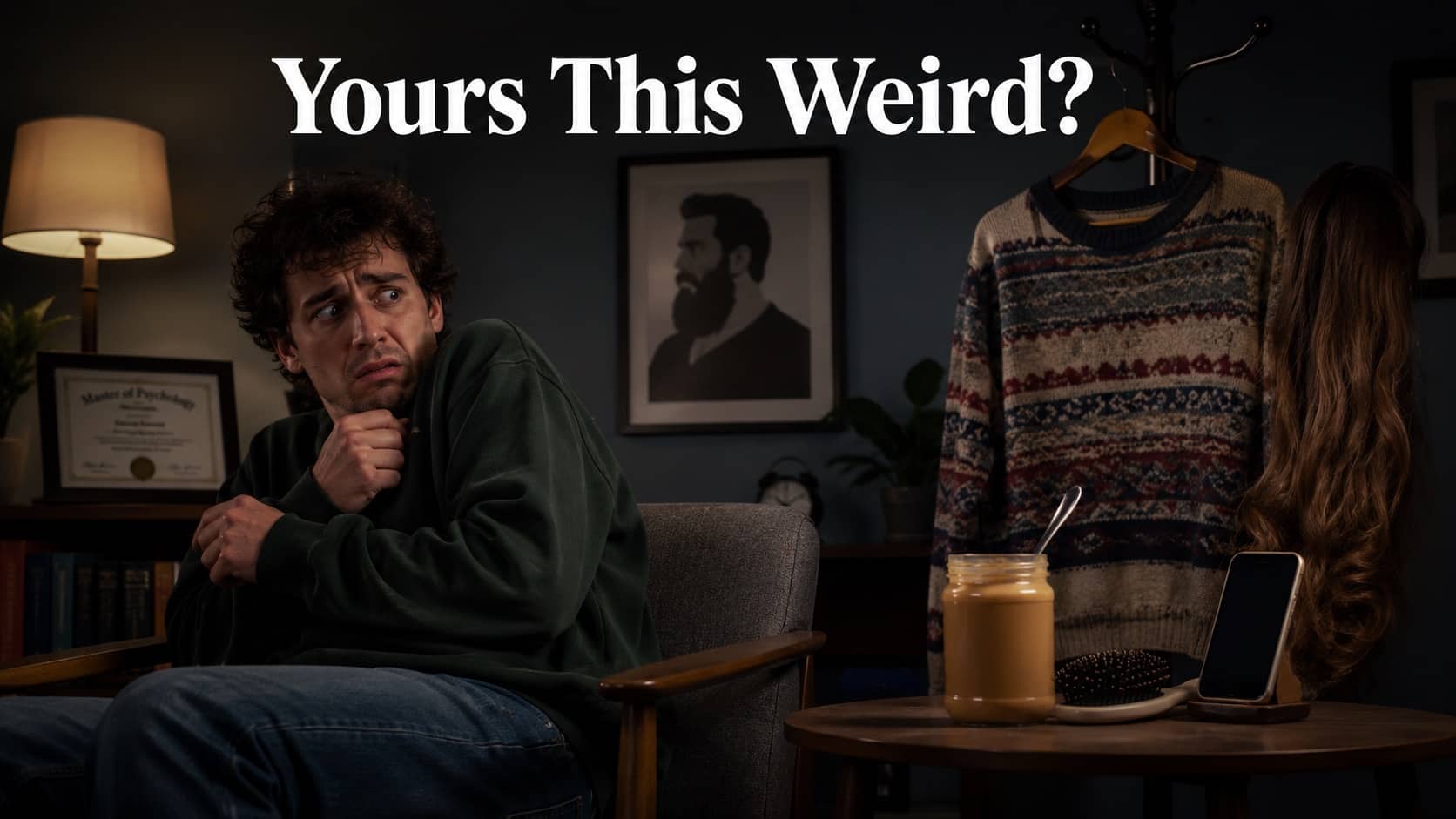 Scared man in a chair looking fearfully at peanut butter and a sweater.