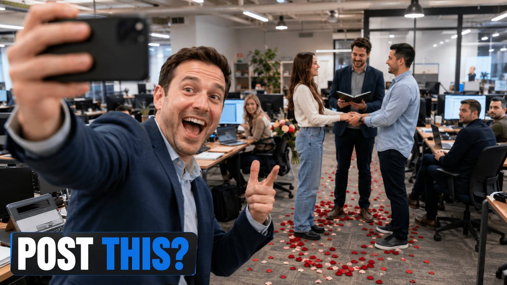 Excited man taking a selfie during an overly elaborate workplace engagement or wedding celebration.