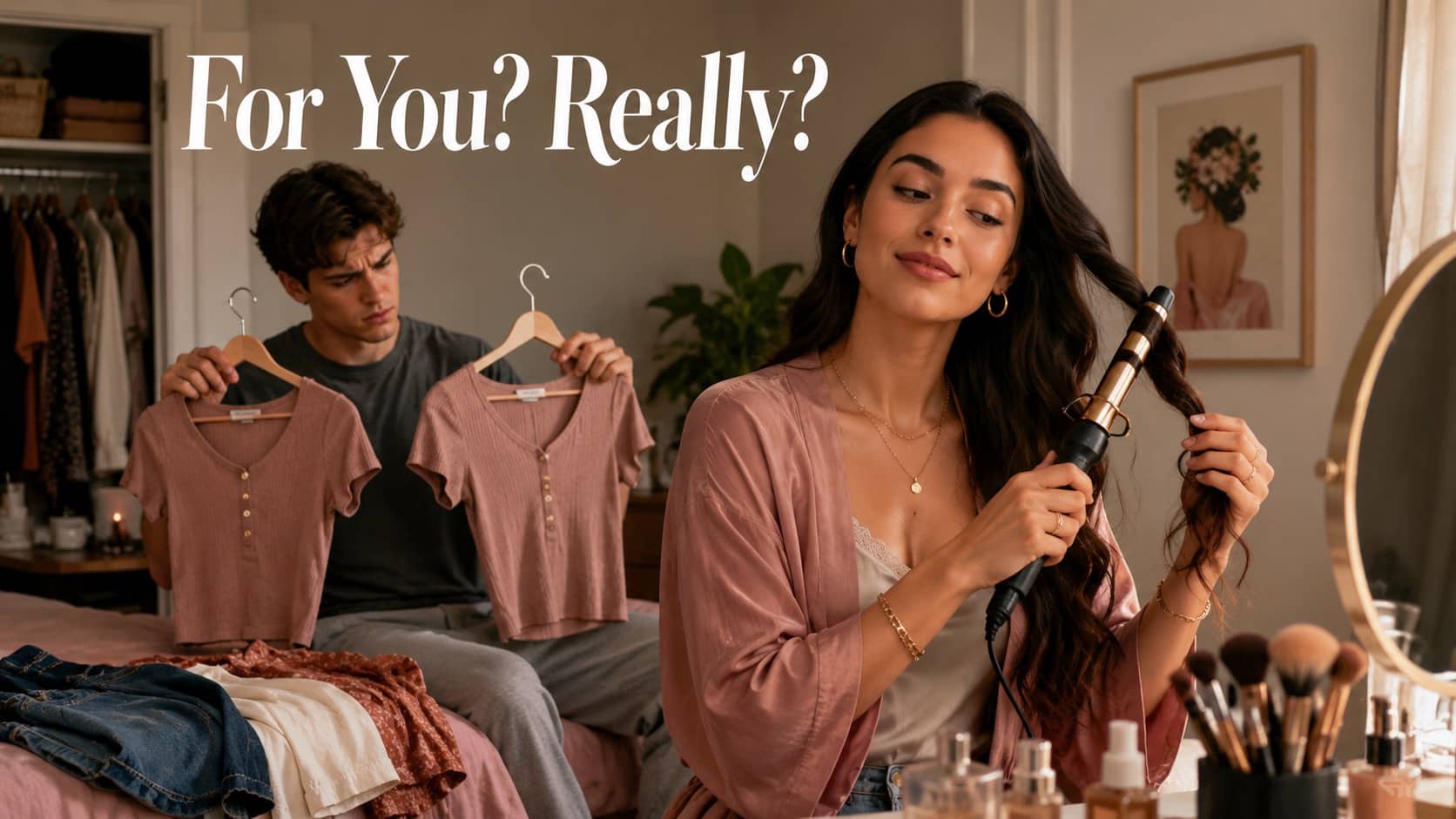 Woman curling her hair while a confused man holds up two identical shirts.